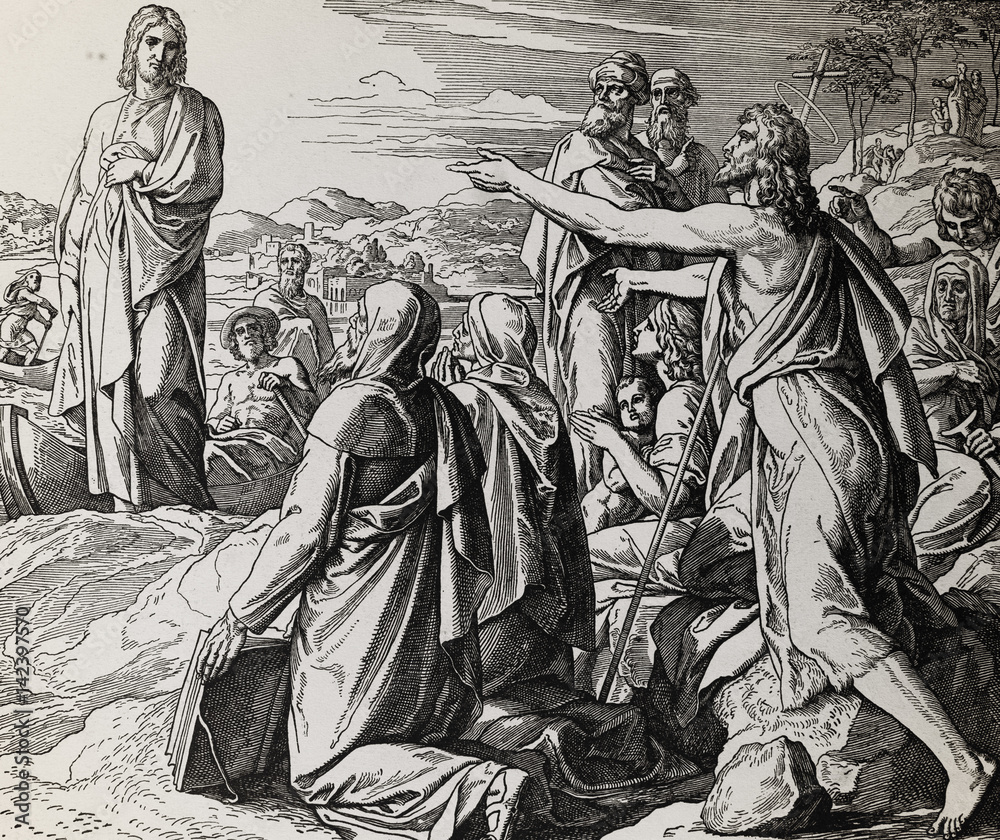 Fototapeta premium John the Baptist gives testimony about Jesus Christ, graphic collage from engraving of Nazareene School, published in The Holy Bible, St.Vojtech Publishing, Trnava, Slovakia, 1937.