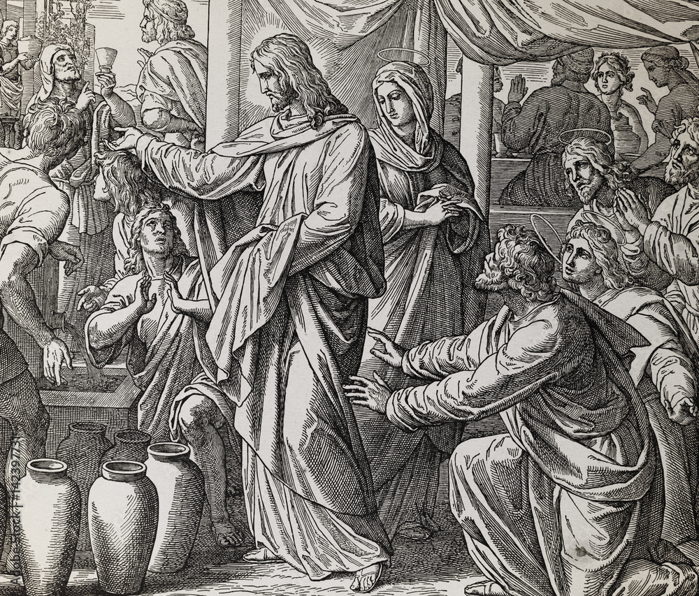 Fototapeta premium Jesus turns water into wine at Cana marriage feast, graphic collage from engraving of Nazareene School, published in The Holy Bible, St.Vojtech Publishing, Trnava, Slovakia, 1937.