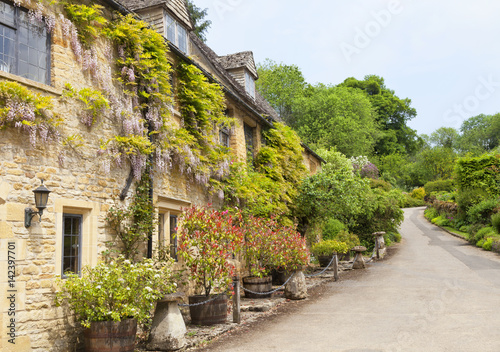 Old english cottages with flowering purple wisteria on the walls, stone mushroom ornaments, by a road, in a rural countryside village