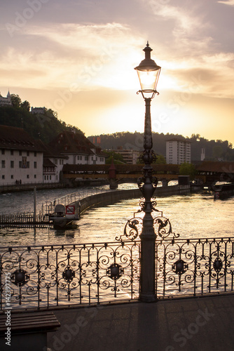 Silhouette of city lantern on the sunset in Lucerne, Switzerland © robertdering