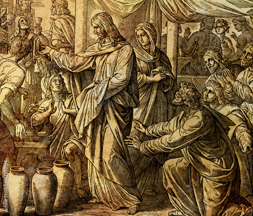 Fotografia Jesus turns water into wine at Cana marriage feast, graphic collage from engraving of Nazareene School, published in The Holy Bible, St