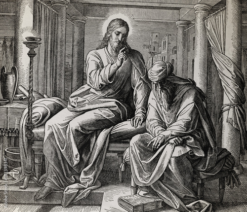Fotografie Jesus teaches Nicodemus, graphic collage from engraving of Nazareene School, published in The Holy Bible, St