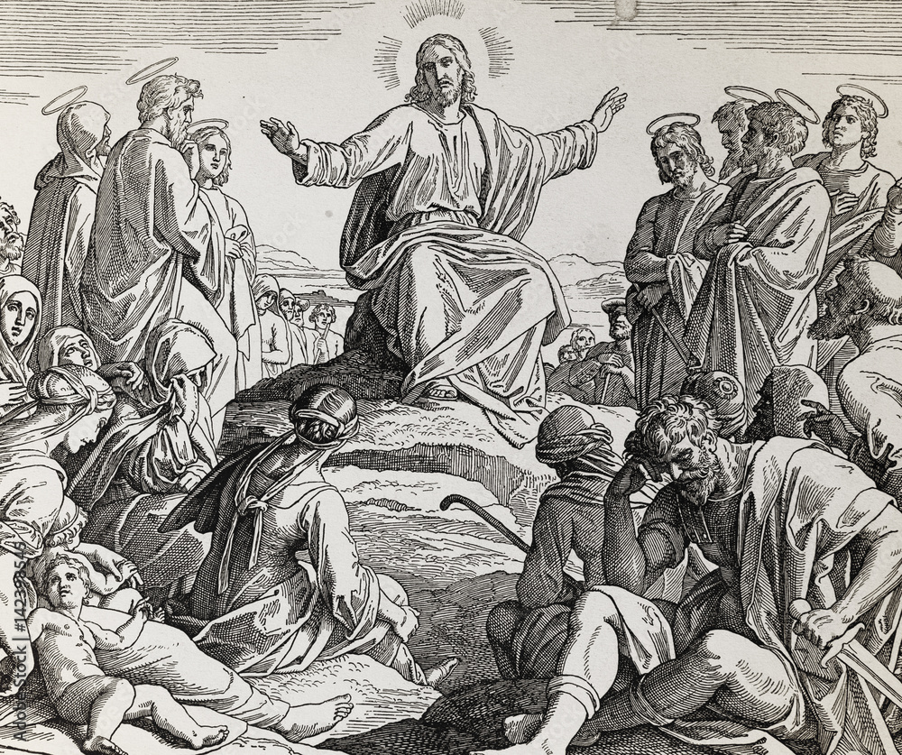 Obraz premium Jesus´ sermon on the mount, graphic collage from engraving of Nazareene School, published in The Holy Bible, St.Vojtech Publishing, Trnava, Slovakia, 1937.