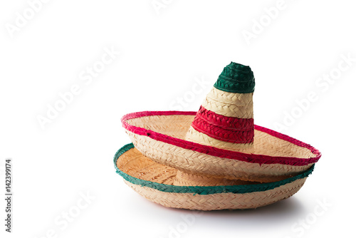 Mexican hats or "sombreros" stacked up on top of each other, on a white background