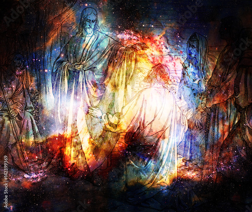 Jesus feeds the crowd with bread and fish, graphic collage from engraving of Nazareene School, published in The Holy Bible, St.Vojtech Publishing, Trnava, Slovakia, 1937.