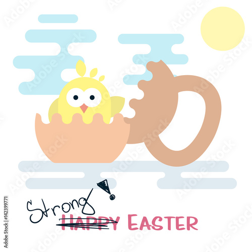 Flat Happy easter card concept with cracked kettlebell and chicken.