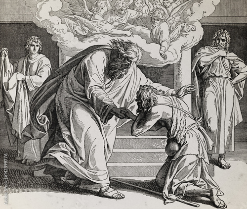 Return of the prodigal son, graphic collage from engraving of Nazareene School, published in The Holy Bible, St.Vojtech Publishing, Trnava, Slovakia, 1937.