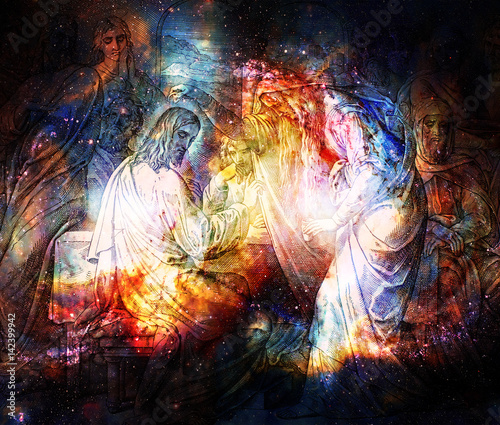 Obraz na plátne Woman at Bethany anoints Jesus with expensive perfumed oil, graphic collage from engraving of Nazareene School, published in The Holy Bible, St