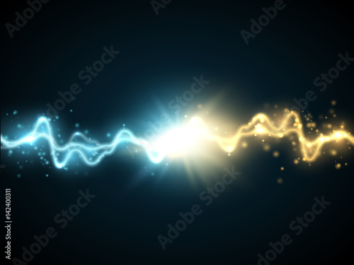 Collision of two forces with gold and blue light. Vector