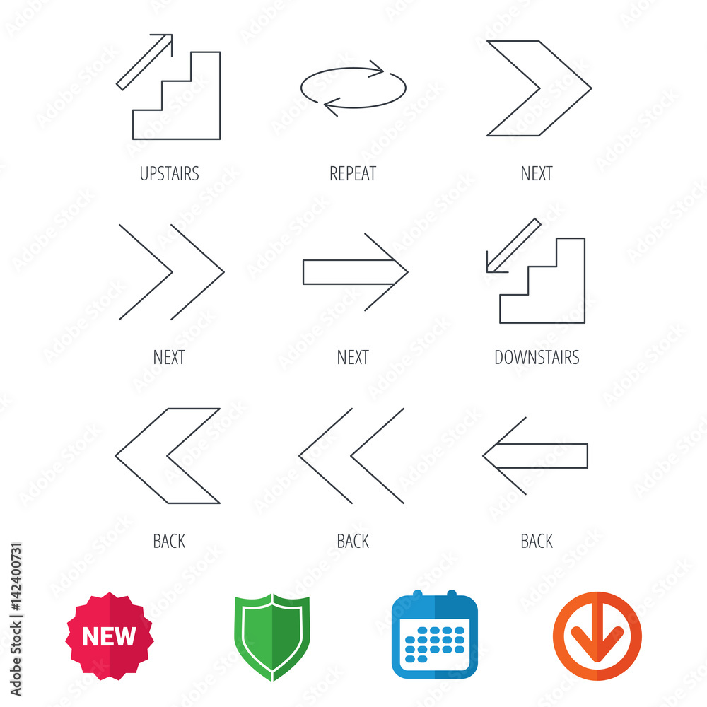 Arrows icons. Upstairs, downstairs and repeat linear signs. Next, back arrows flat line icons. New tag, shield and calendar web icons. Download arrow. Vector Arrows icons. Upstairs, downstairs and repeat linear signs. Next, back arrows flat line icons. New tag, shield and calendar web icons. Download arrow. Vector