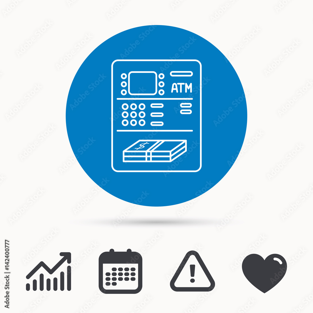 ATM icon. Automatic cash withdrawal sign. Calendar, attention sign and growth chart. Button with web icon. Vector ATM icon. Automatic cash withdrawal sign. Calendar, attention sign and growth chart. Button with web icon. Vector