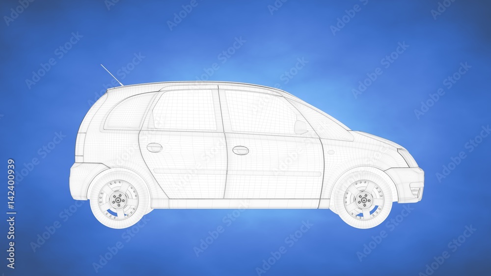 outlined 3d rendering of a car inside a blue studio