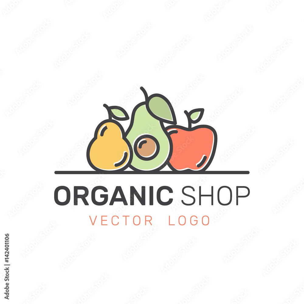 Vector Icon Style Illustration Logo for Organic Vegan Healthy Shop or Store. Green Natural Vegetable and Fruit Symbols, Farmer Market Countryside