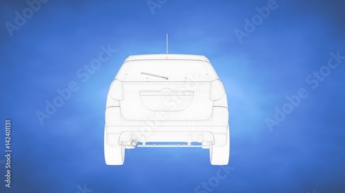 outlined 3d rendering of a car inside a blue studio