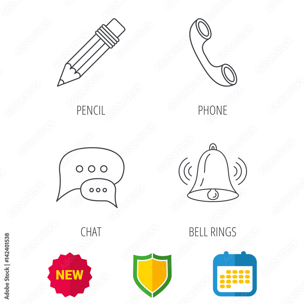 Chat speech bubbles, bell and pencil icons. Phone call linear sign. Shield protection, calendar and new tag web icons. Vector