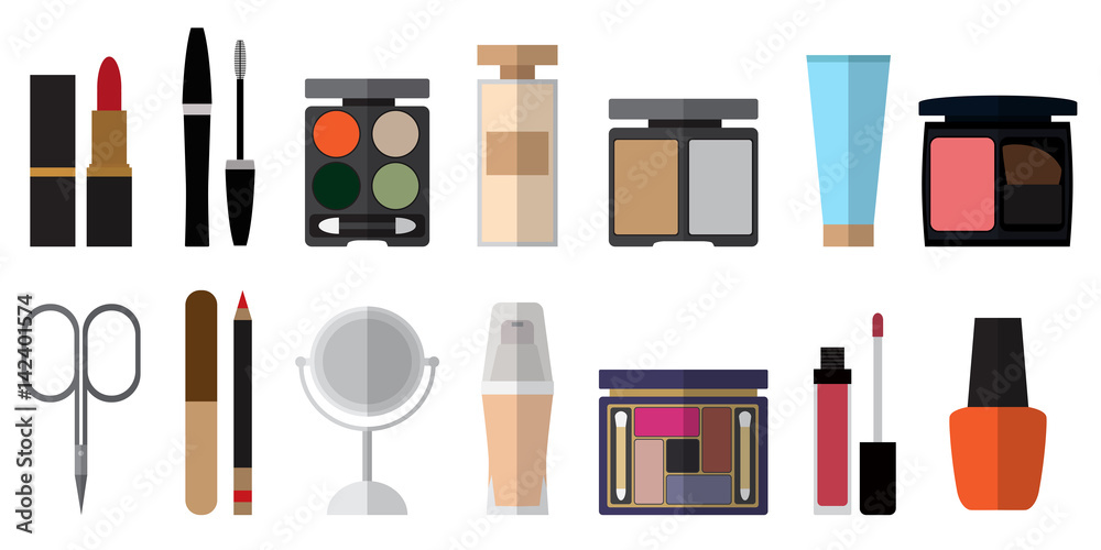 Set of flat style beauty cosmetic icons on white background. Mak Set of flat style beauty cosmetic icons on white background. Mak