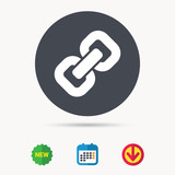 Chain icon. Internet web hyperlink symbol. Calendar, download arrow and new tag signs. Colored flat web icons. Vector
