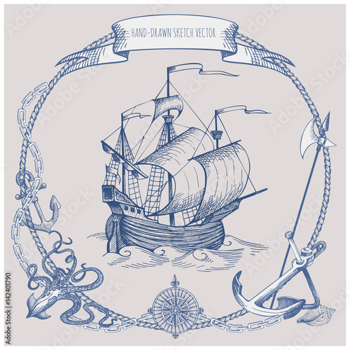 Adventure stories. Pirate background. Vintage border frame. Old caravel, vintage sailboat, sea monster.