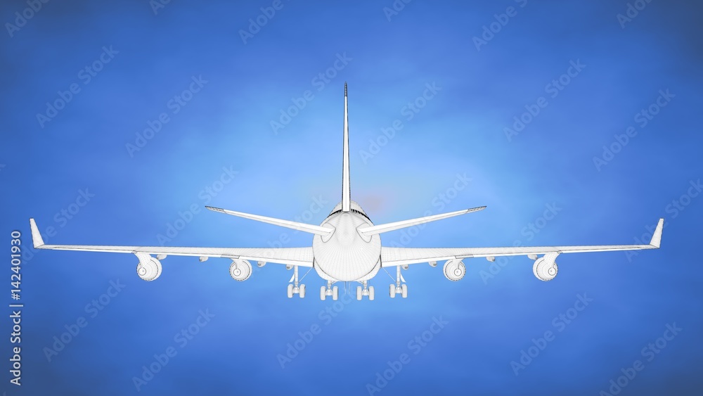 outlined 3d rendering of an airplane inside a blue studio