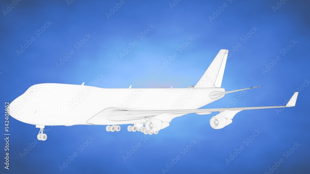 outlined 3d rendering of an airplane inside a blue studio outlined 3d rendering of an airplane inside a blue studio