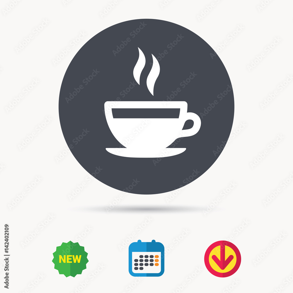 Coffee cup icon. Hot tea drink symbol. Calendar, download arrow and new tag signs. Colored flat web icons. Vector Coffee cup icon. Hot tea drink symbol. Calendar, download arrow and new tag signs. Colored flat web icons. Vector