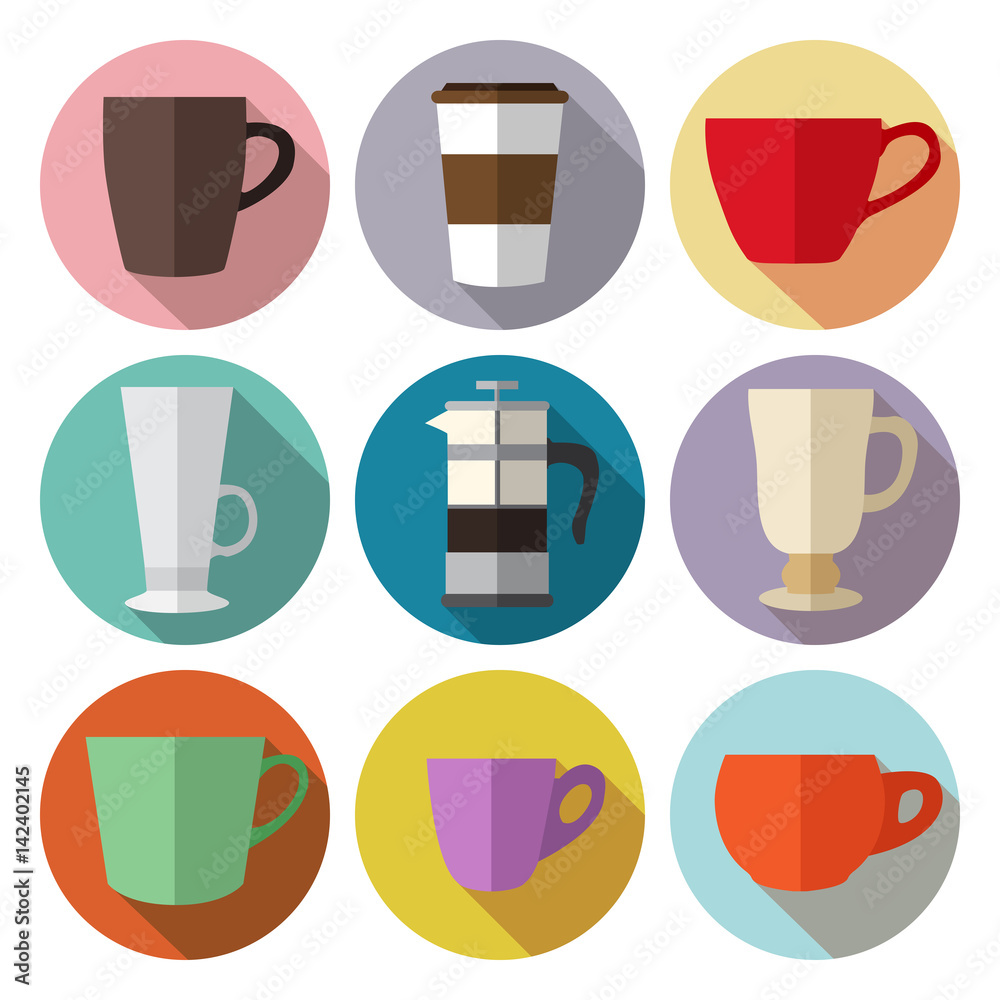 Set of simple colorful coffee cups and french press flat icons o Set of simple colorful coffee cups and french press flat icons o