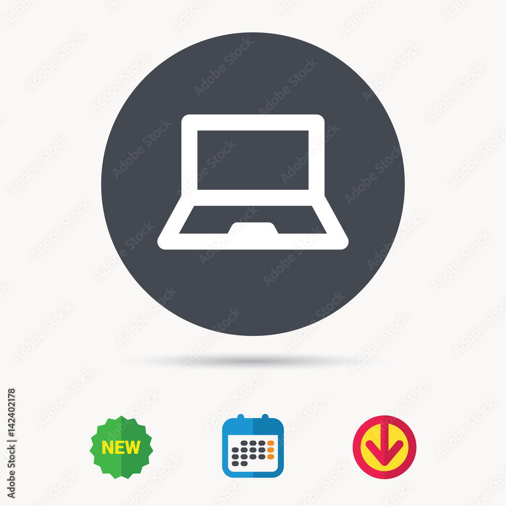 Computer icon. Notebook or laptop pc symbol. Calendar, download arrow and new tag signs. Colored flat web icons. Vector Computer icon. Notebook or laptop pc symbol. Calendar, download arrow and new tag signs. Colored flat web icons. Vector
