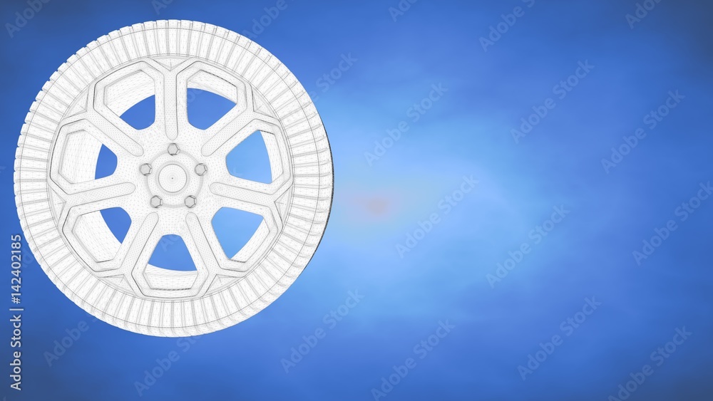 Obraz premium outlined 3d rendering of a wheel inside a blue studio