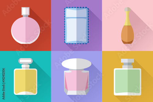 Set of simple perfumery flat icons with long shadows on color sq