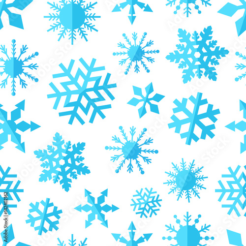 seamless pattern background with blue snowflakes flat icons on w
