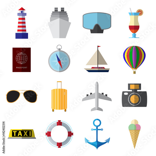 Set of modern travel symbols flat icons  on white background