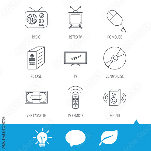 Retro TV, radio and DVD disc icons. PC mouse, VHS cassette and sound speaker linear signs. Light bulb, speech bubble and leaf web icons. Vector