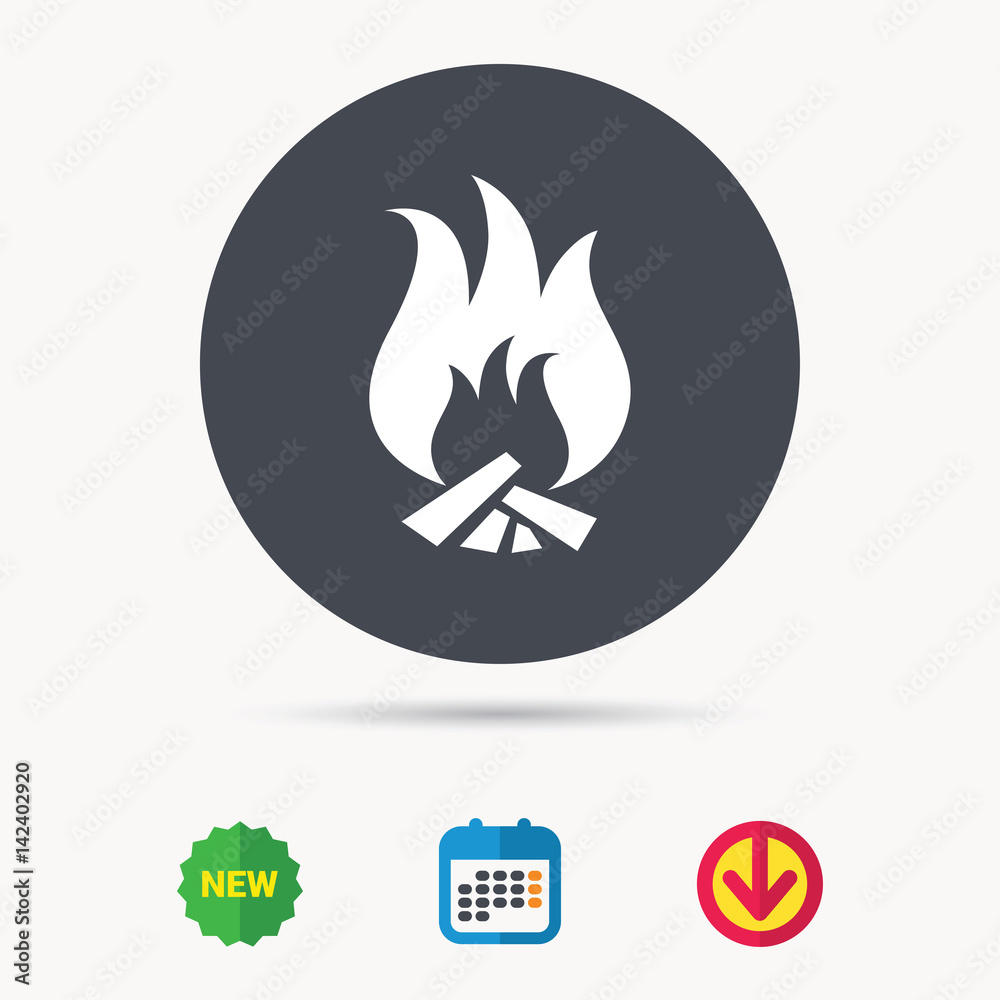 Fire icon. Blazing bonfire flame symbol. Calendar, download arrow and new tag signs. Colored flat web icons. Vector Fire icon. Blazing bonfire flame symbol. Calendar, download arrow and new tag signs. Colored flat web icons. Vector