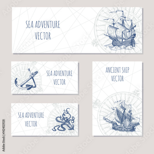 Old caravel, vintage sailboat. Sea adventure vector background. Doodles design elements business cards, banners.
