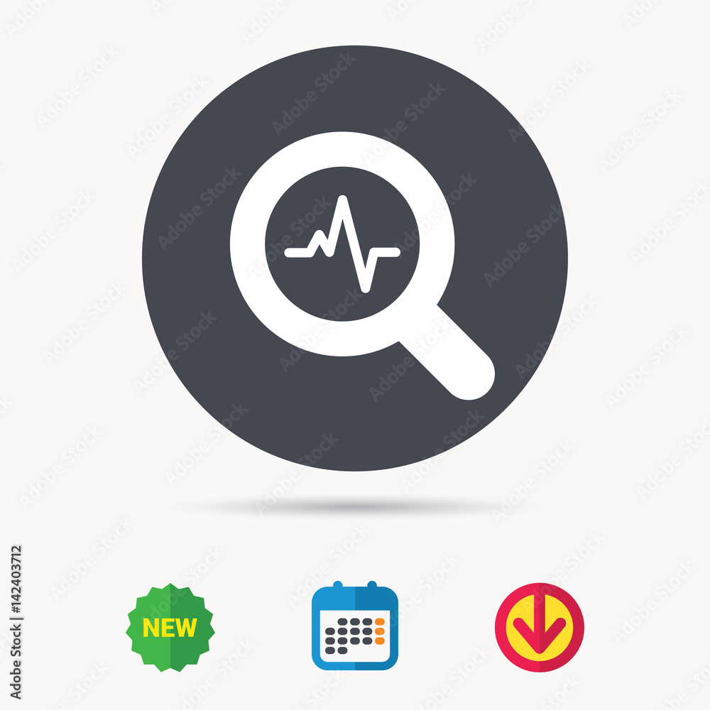 Heartbeat in magnifying glass icon. Cardiology symbol. Medical pressure sign. Calendar, download arrow and new tag signs. Colored flat web icons. Vector Heartbeat in magnifying glass icon. Cardiology symbol. Medical pressure sign. Calendar, download arrow and new tag signs. Colored flat web icons. Vector