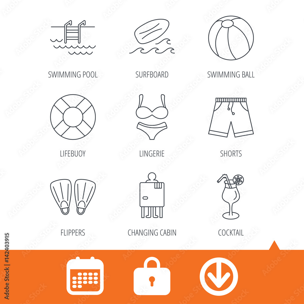 Surfboard, swimming pool and trunks icons. Beach ball, lingerie and shorts linear signs. Lifebuoy, cocktail and changing cabin icons. Download arrow, locker and calendar web icons. Vector