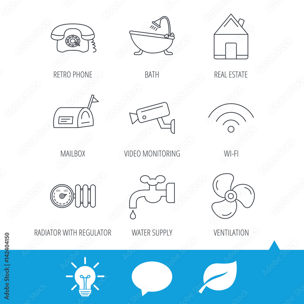 Wifi, video camera and mailbox icons. Real estate, bath and water supply linear signs. Radiator with heat regulator, phone icons. Light bulb, speech bubble and leaf web icons. Vector Wifi, video camera and mailbox icons. Real estate, bath and water supply linear signs. Radiator with heat regulator, phone icons. Light bulb, speech bubble and leaf web icons. Vector
