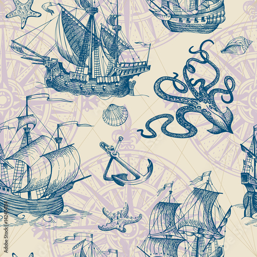 Old caravel, vintage sailboat, sea monster. Vector seamless pattern