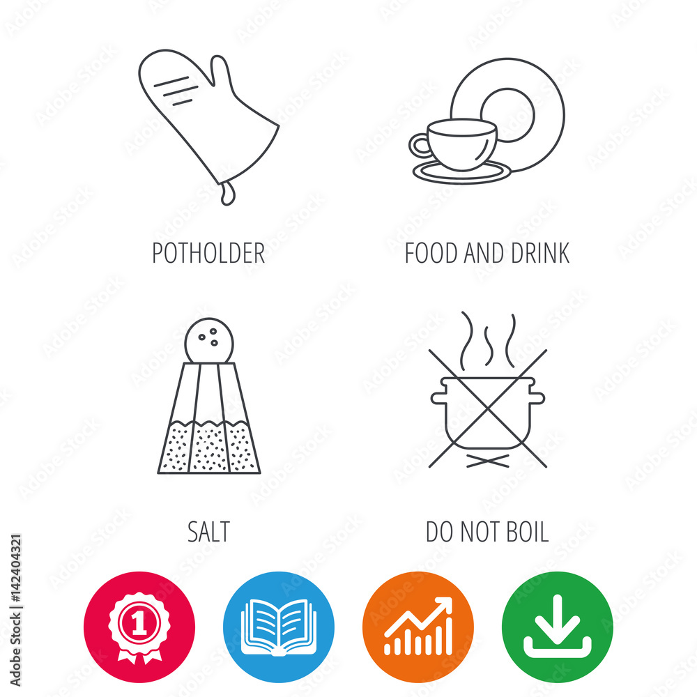 Salt, potholder and food, drink icons. Do not boil linear sign. Award medal, growth chart and opened book web icons. Download arrow. Vector Salt, potholder and food, drink icons. Do not boil linear sign. Award medal, growth chart and opened book web icons. Download arrow. Vector