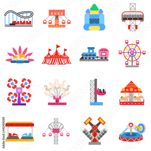 Entertainment attractions icons set. Funfair, flat design. Theme park, isolated vector illustrations