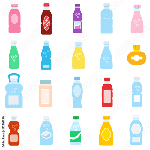 Water and sweet drink  icons set. Beverages  flat design. Different tastes of soda  isolated vector illustrations