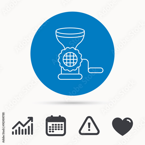 Meat grinder icon. Manual mincer sign. Kitchen tool symbol. Calendar, attention sign and growth chart. Button with web icon. Vector