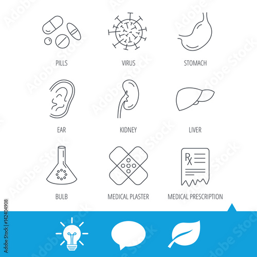 Pills, medical plaster and prescription icons. Virus, stomach and liver linear signs. Ear, kidney and lab bublb icons. Light bulb, speech bubble and leaf web icons. Vector