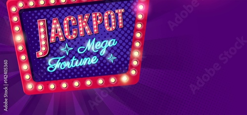 Jackpot retro banner with glowing lamps. Vector illustration for winners of poker, casino, cards, roulette and lottery. Vector illustration