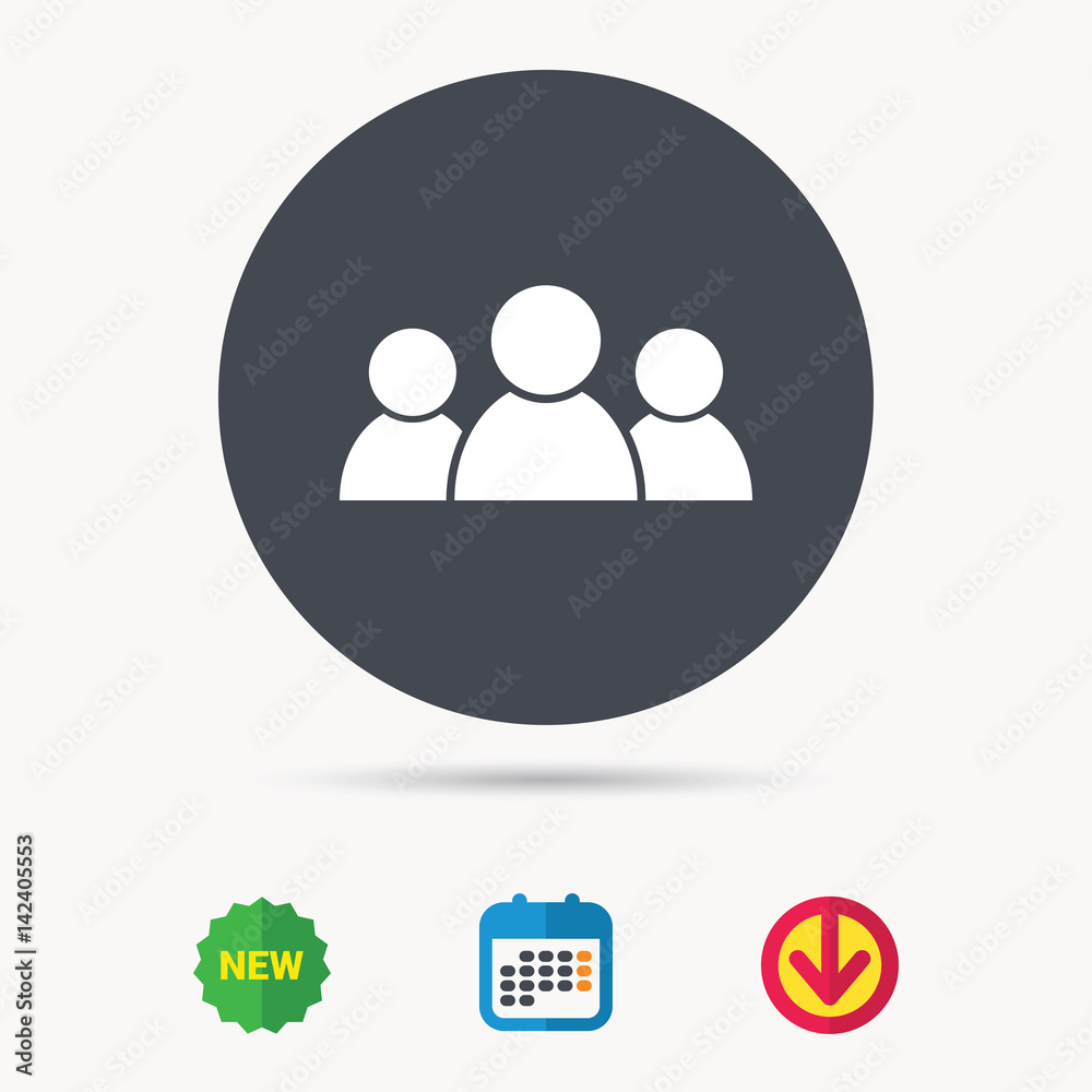 People icon. Group of humans sign. Team work symbol. Calendar, download arrow and new tag signs. Colored flat web icons. Vector People icon. Group of humans sign. Team work symbol. Calendar, download arrow and new tag signs. Colored flat web icons. Vector