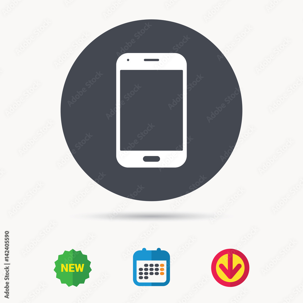 Smartphone icon. Mobile phone communication symbol. Calendar, download arrow and new tag signs. Colored flat web icons. Vector Smartphone icon. Mobile phone communication symbol. Calendar, download arrow and new tag signs. Colored flat web icons. Vector