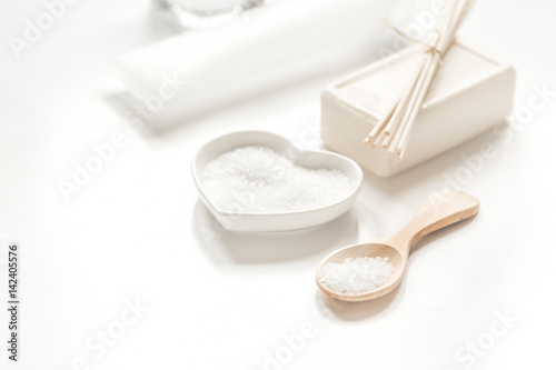 cosmetic set in body care consept on white table background mock up