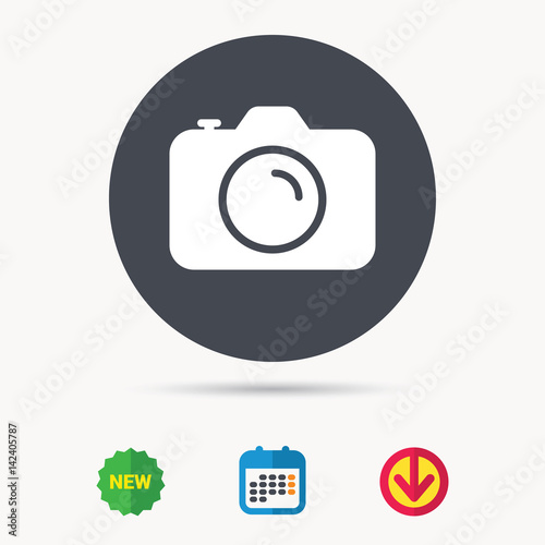 Camera icon. Professional photocamera symbol. Calendar, download arrow and new tag signs. Colored flat web icons. Vector