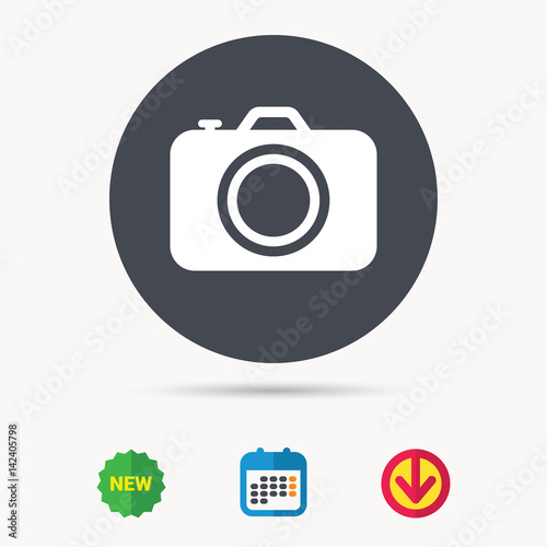 Camera icon. Professional photocamera symbol. Calendar, download arrow and new tag signs. Colored flat web icons. Vector