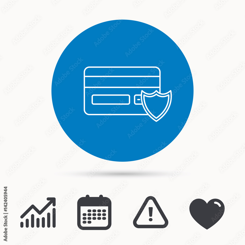 Protection credit card icon. Shopping sign. Calendar, attention sign and growth chart. Button with web icon. Vector Protection credit card icon. Shopping sign. Calendar, attention sign and growth chart. Button with web icon. Vector
